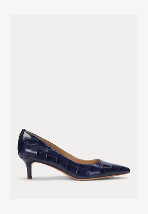 Navy blue, patent leather high heel shoe with a pointed toe and a small, slim heel. Features a quilted texture and no visible hardware accents.