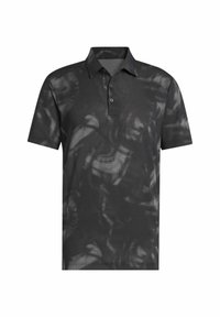 Koszulka polo z krótkim rękawem w kolorze czarnym z teksturowanym wzorem w różnych odcieniach szarości oraz zapięciem na trzy guziki przy kołnierzyku.