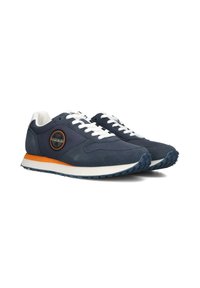 Navy blue sneakers with white laces, an orange accent on the sole, and a circular logo on the side. Features a textured rubber outsole.