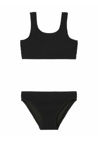 Completo bikini nero a coste con top crop a scollo quadrato e spalline larghe, abbinato a slip bikini a vita bassa. Dettagli in tessuto testurizzato su tutto il capo.