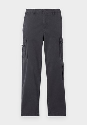 Dark gray cargo pants with a straight-leg design, made of durable cotton blend, featuring side pockets and adjustable drawstrings.