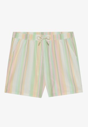 Gestreifte Schwimmshorts mit elastischem Bund und vorderer Kordel. Die Farben umfassen Pastellgrün, Rosa und Gelb. Zwei Seiten Taschen sind vorhanden.