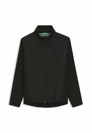 Veste légère noire zippée avec col haut, manches longues et poches latérales zippées.