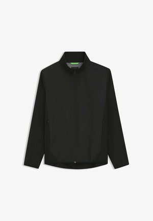 Veste légère noire zippée avec col haut, manches longues et poches latérales zippées.