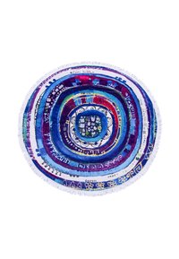 Round decorative blanket featuring a vibrant swirl of blue, purple, and white patterns, with a fringed edge and intricate circular designs.