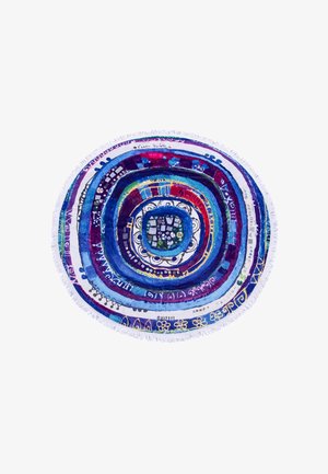 Round decorative blanket featuring a vibrant swirl of blue, purple, and white patterns, with a fringed edge and intricate circular designs.