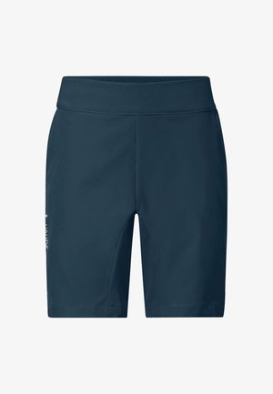 Calções azul marinho feitos de um tecido leve com uma cintura plana. Apresenta um logótipo no lado esquerdo e um ajuste sob medida.