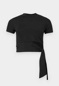 Tricou scurt de culoare neagră, fabricat dintr-un material neted și elastic, având mâneci scurte, un decolteu rotund și un detaliu cu legătură pe lateral.