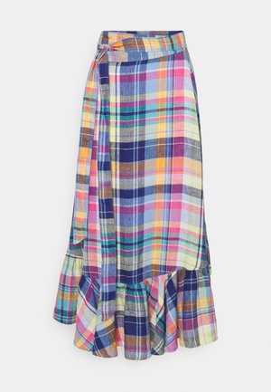 Falda cruzada de cuadros multicolor con bajo fruncido y lazo lateral, que presenta tonos de azul, rosa, amarillo, verde y naranja.