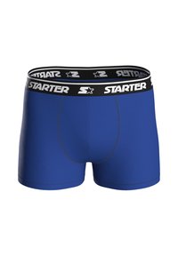 Blue boxer shorts with a black elastic waistband featuring the word "STARTER" in white. Smooth texture and fitted design with contrasting stitching.