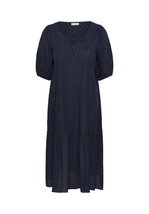 Robe midi bleu marine avec manches bouffantes, encolure dégagée, tissu texturé et petit nœud décoratif à l'avant.