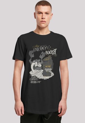 Black cotton t-shirt featuring a graphic print of a cartoon character with text promoting "ACME ENERGY BOOST." Relaxed fit and short sleeves.