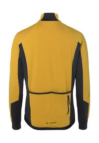 Geel en zwarte sportjack met lange mouwen, hoge kraag en een met rits sluitende achterzak. Dure textuur met contrasterende kleurvlakken.