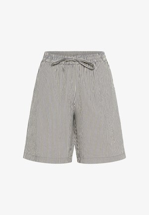 Lichtgrijze en witte verticale gestreepte knielange korte broek met elastische tailleband en strik aan de voorkant.