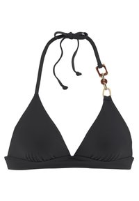 Svart bikinitopp med triangulära kupor, justerbar knut runt nacken och sidokomponenter med detaljer i sköldpadda kopplade till en guldring.