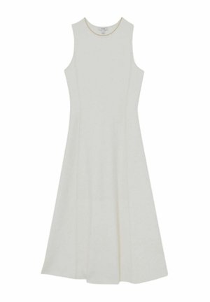 Sleeveless, knee-length dress in off-white fabric. Features a fitted bodice, flared skirt, and a subtle gold trim along the neckline.