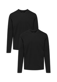 Dwie czarne t-shirty z długim rękawem i dekoltem w serek, wykonane z miękkiej bawełny, o prostym fasonie, bez widocznych wzorów czy ozdób.