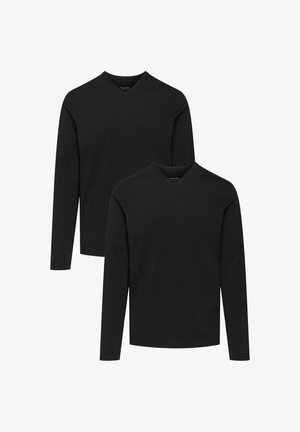Two black long-sleeve V-neck t-shirts made from soft cotton fabric, featuring a simple design and no visible patterns or embellishments.