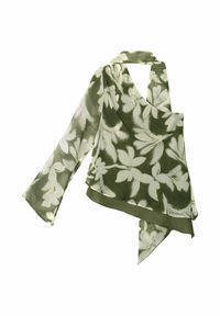 Bufanda de seda verde fluida con un patrón floral blanco, diseño de escote en V y dobladillo asimétrico. Tela ligera y texturizada.