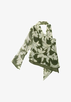 Bufanda de seda verde fluida con un patrón floral blanco, diseño de escote en V y dobladillo asimétrico. Tela ligera y texturizada.