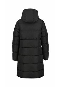 Sort pufferjakke med hætte, polstret design med vandrette sømme, lang længde og glat tekstur. Lommer med lynlås i siderne.