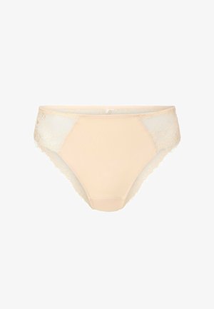 Mutandine beige con bordo in pizzo, presentano pannelli laterali trasparenti, un tessuto centrale liscio e una forma classica a slip. Texture morbida e dettagli delicati.