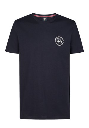Navyblaue Baumwoll-T-Shirt mit kurzen Ärmeln, Rundhalsausschnitt und einem weißen, kreisförmigen Grafik mit "Petrol Industries" auf der Brust.