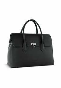 Borsa a mano in pelle nera con un design strutturato, dotata di due manici superiori e una chiusura in metallo. Logo sottile impresso sulla parte anteriore.