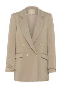 Krémový dvouřadý blazer se zlatými knoflíky, klopami a předními kapsami; měkká, hladká tkanina s mírně nařasenými rukávy.