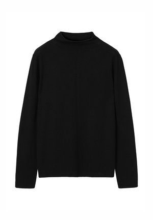 Czarna koszulka z długim rękawem wykonana z miękkiej tkaniny, z wysokim kołnierzem, luźnym krojem i minimalną liczbą szwów dla czystego designu.