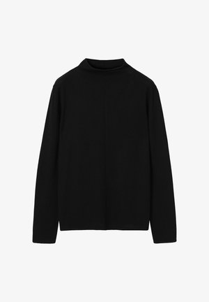 Črno dolg rokav zgornji del iz mehkega materiala, z visokim izrezom, sproščenim krojem in minimalnimi šivi za čist dizajn.