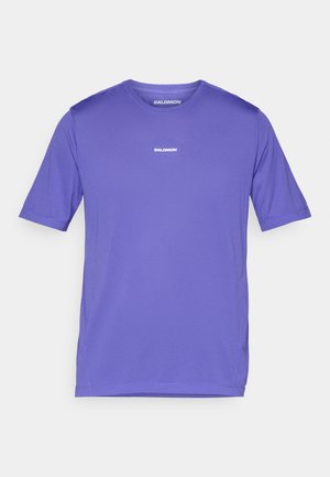 Purple short-sleeve athletic shirt with crew neck and white "Salomon" logo centered on chest and inside collar.