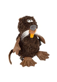 Brown plush toy with a rounded body, whiskers, and orange tongue. Features soft, textured fur and brown fabric paws with detailed claws.