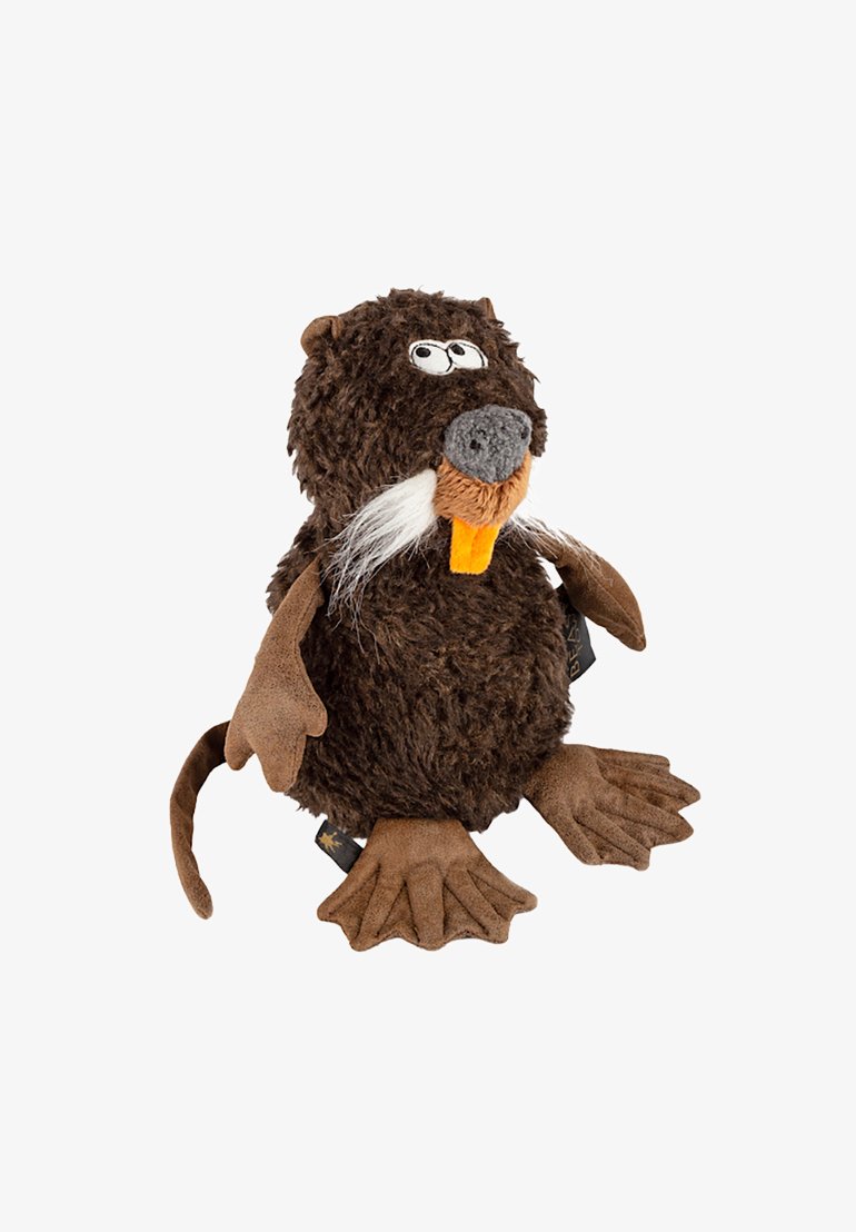 Brown plush toy with a rounded body, whiskers, and orange tongue. Features soft, textured fur and brown fabric paws with detailed claws.