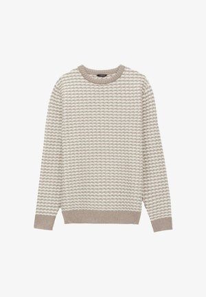 Sweter dzianinowy w jasnym beżu z teksturowanym wzorem w zygzak. Okrągły dekolt oraz ściągacze przy mankietach i dole. Miękki materiał, luźny krój.