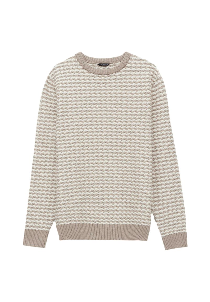 Sweter dzianinowy w jasnym beżu z teksturowanym wzorem w zygzak. Okrągły dekolt oraz ściągacze przy mankietach i dole. Miękki materiał, luźny krój.