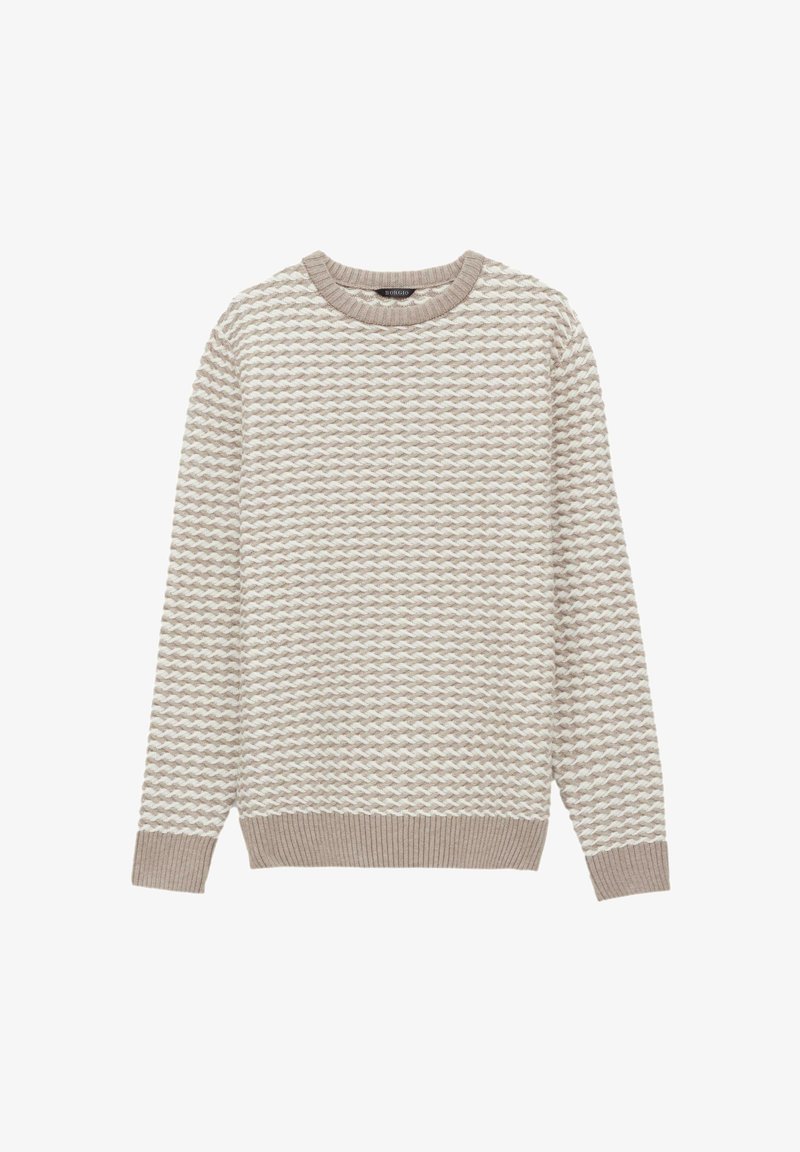 Sweter dzianinowy w jasnym beżu z teksturowanym wzorem w zygzak. Okrągły dekolt oraz ściągacze przy mankietach i dole. Miękki materiał, luźny krój.