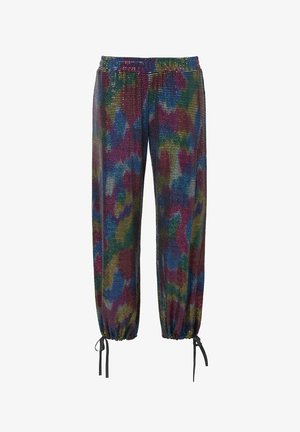 Pantaloni in rete multicolore con vita elastica, polsini arricciati e lacci. Il motivo presenta vivaci schizzi di colore.