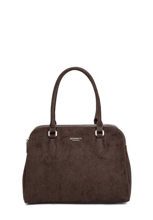 Sac à main en daim marron foncé avec double poignée et fermeture éclair argentée, arborant le logo « DIANA&CO FIRENZE » au centre à l'avant.
