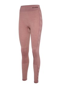Bezszwowe różowe legginsy z teksturowanymi panelami na kolanach i bocznym wzorem w jodełkę, z logo Hummel na pasie.