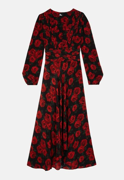 Long black dress with red rose floral pattern, V-neck, long sleeves, and a fitted waist that flows into a loose skirt.