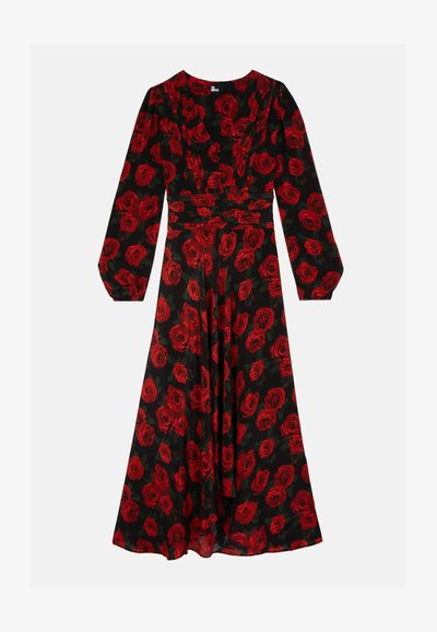 Long black dress with red rose floral pattern, V-neck, long sleeves, and a fitted waist that flows into a loose skirt.