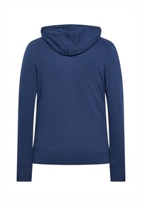 Marineblaue Kapuzenpullover mit langen Ärmeln, gerippten Bündchen und Saum, aus weichem, strukturiertem Stoff. Minimalistisches Design ohne auffällige Details.