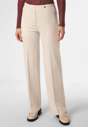 Beige weite Hosen aus glattem Material, mit hohem Bund und einem Knopfverschluss. Eignen sich für verschiedene Anlässe.
