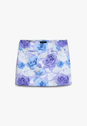 Floral mini skirt with a white base, featuring purple and blue watercolor roses. Includes two front pockets and a straight cut design.