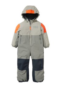 Grijze waterdichte sneeuwoverall voor kinderen met een oranje en marineblauwe kleurblokontwerp, vooraan een ritssluiting en elastische manchetten voor een goede pasvorm.