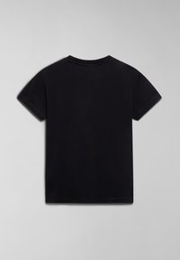 Black t-shirt with short sleeves, round neckline, and a smooth cotton texture. No visible design or logos on the back.