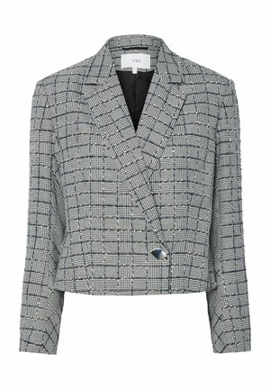 Blazer recortado de cuadros en negro, blanco y gris con mangas largas, solapas anchas, un botón negro y forro interior negro.