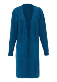 Dlouhý cardigan s otevřeným předním dílem v tmavě tyrkysové barvě, s detailním kabelovým pletením, žebrovanými rukávy a kapsami, vyrobený z měkké texturované tkaniny.