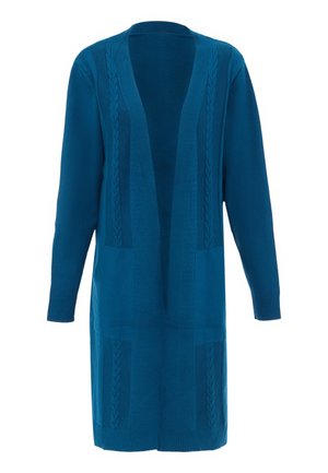 Dlouhý cardigan s otevřeným předním dílem v tmavě tyrkysové barvě, s detailním kabelovým pletením, žebrovanými rukávy a kapsami, vyrobený z měkké texturované tkaniny.